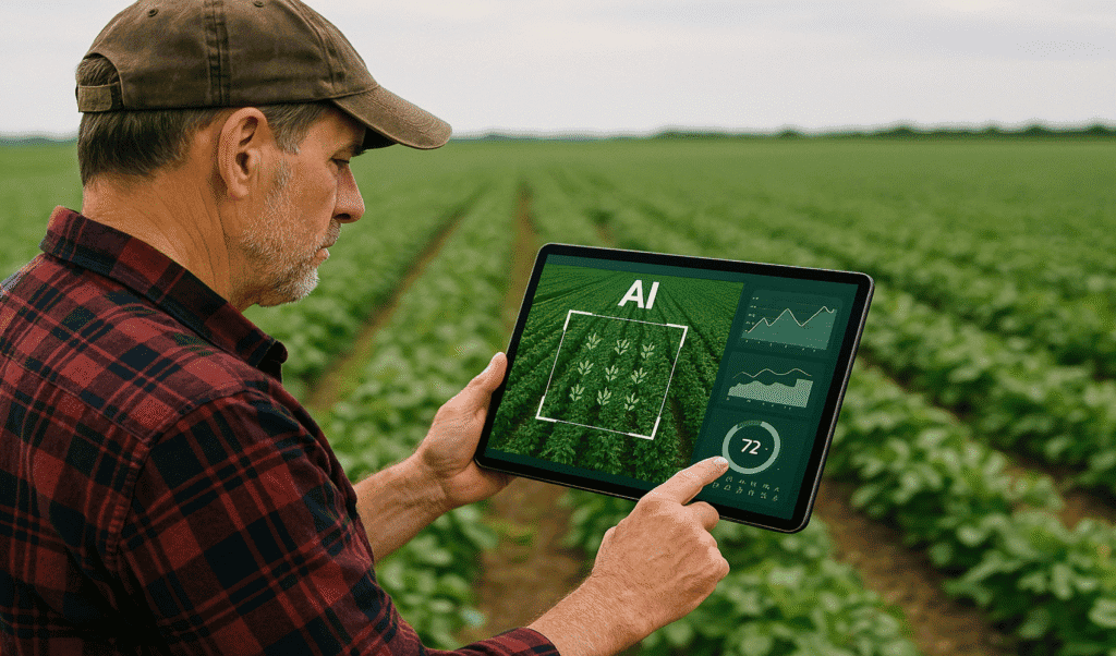 Farmer holding tablet showing AI analytics dashboard with crop monitoring data in green field