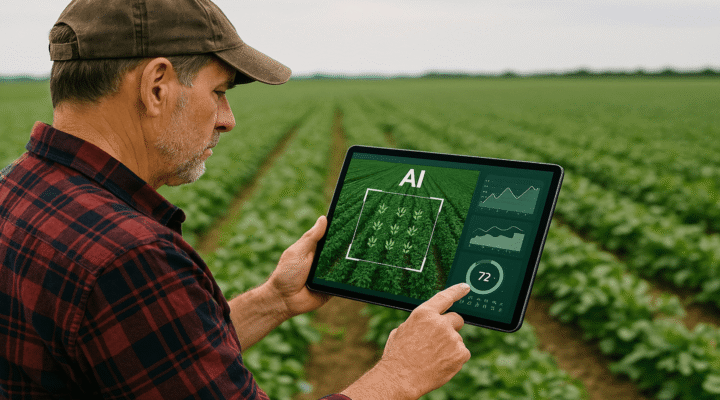 Farmer holding tablet showing AI analytics dashboard with crop monitoring data in green field