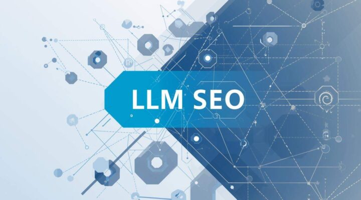 Futuristic blue graphic showing LLM SEO concept and AI search optimization network design.
