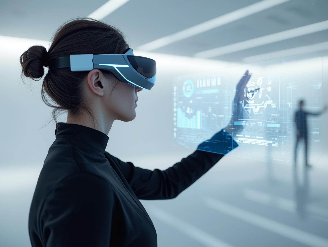 Person using VR headset to interact with a holographic spatial computing interface in a modern digital environment.