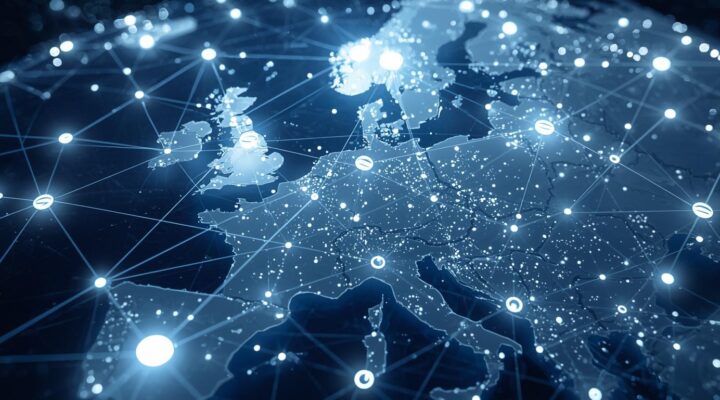 Digital network map of Europe highlighting data connections and information flow across countries.