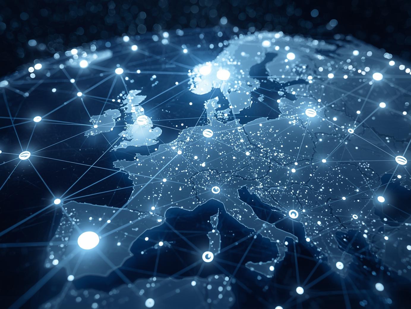 Digital network map of Europe highlighting data connections and information flow across countries.