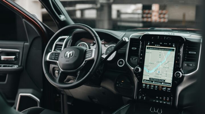 Modern car interior with a digital touchscreen dashboard