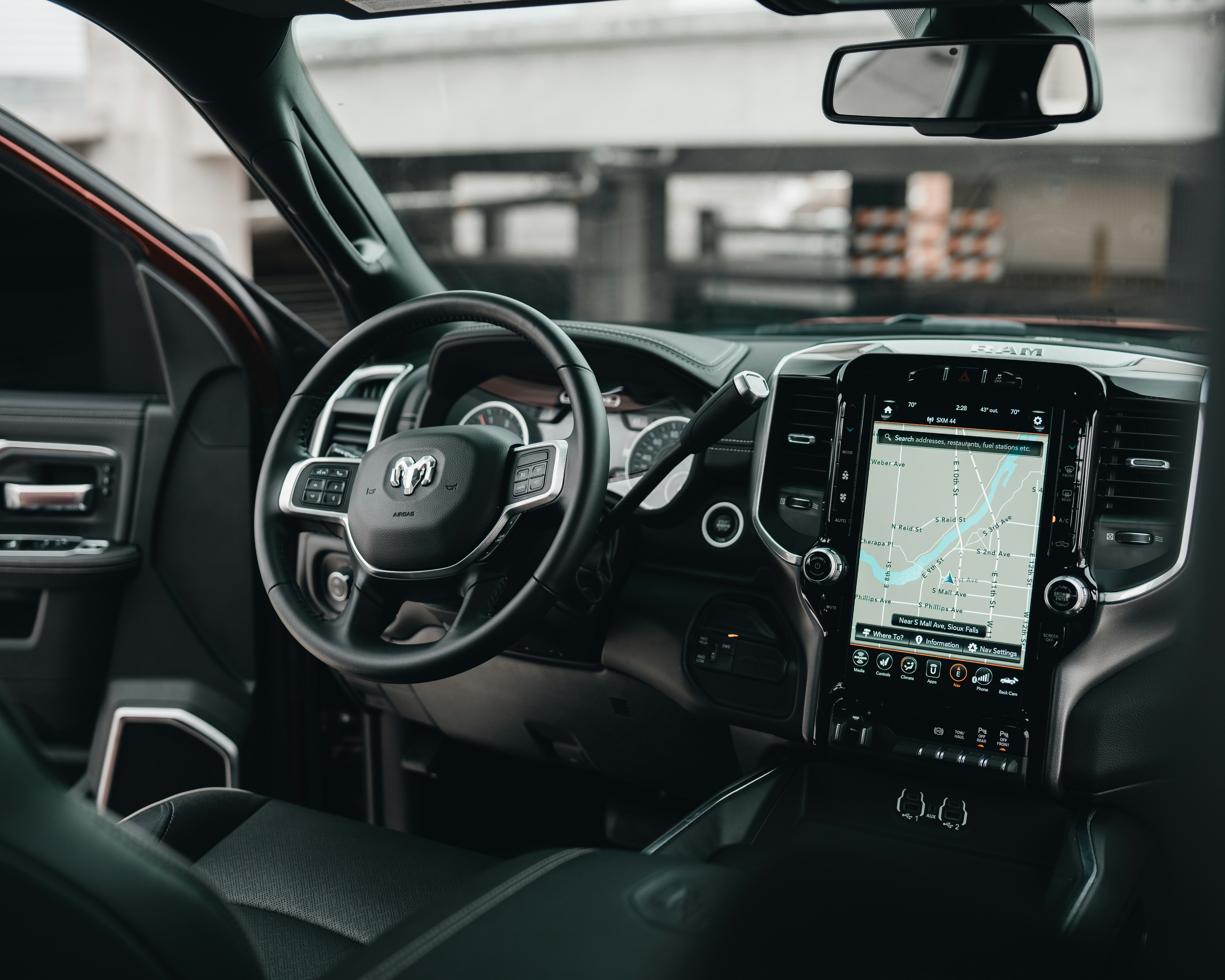 Modern car interior with a digital touchscreen dashboard