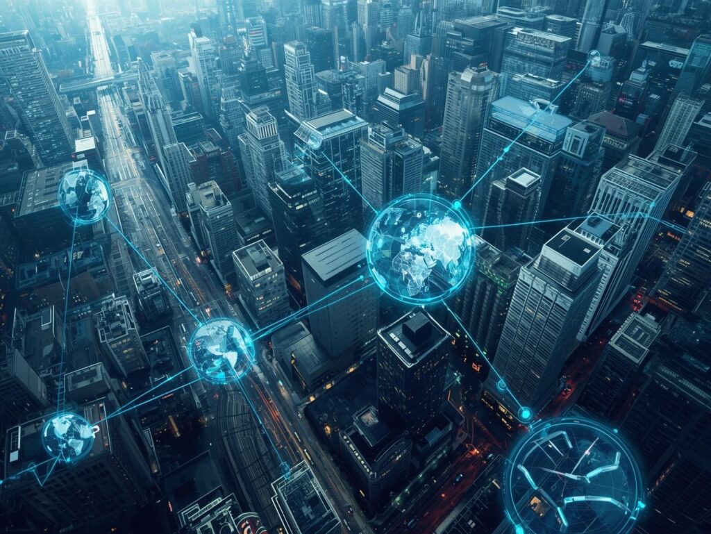 Smart city with connected digital twin data nodes, representing predictive modelling and AI-driven enterprise decision engines.