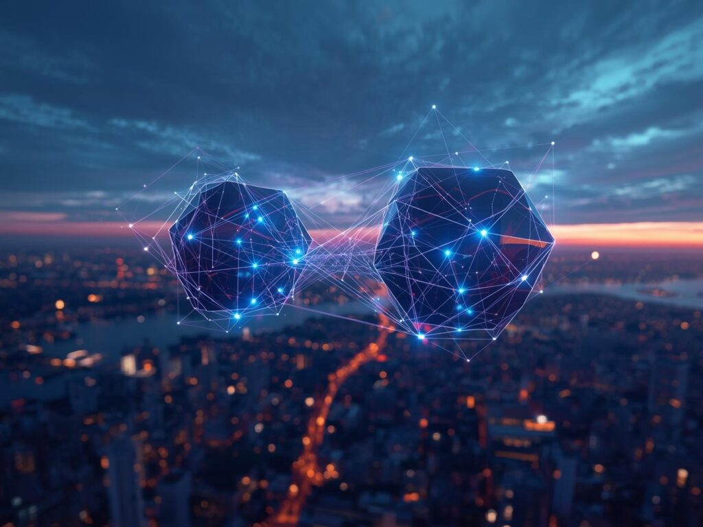 Interconnected digital twin models above a city, representing real-time data and predictive analytics in modern business.