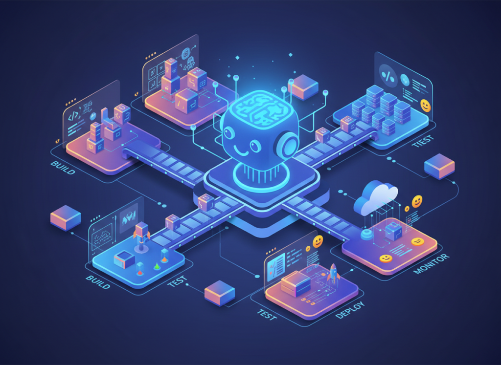 AI-driven development lifecycle showing build, test, deploy and monitor stages