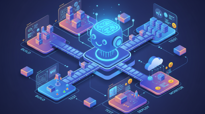 AI-driven development lifecycle showing build, test, deploy and monitor stages
