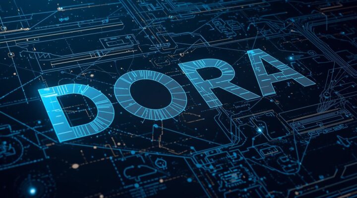 Glowing cyan letters spelling "DORA" overlaid on a dark blue circuit board background, representing the Digital Operational Resilience Act.