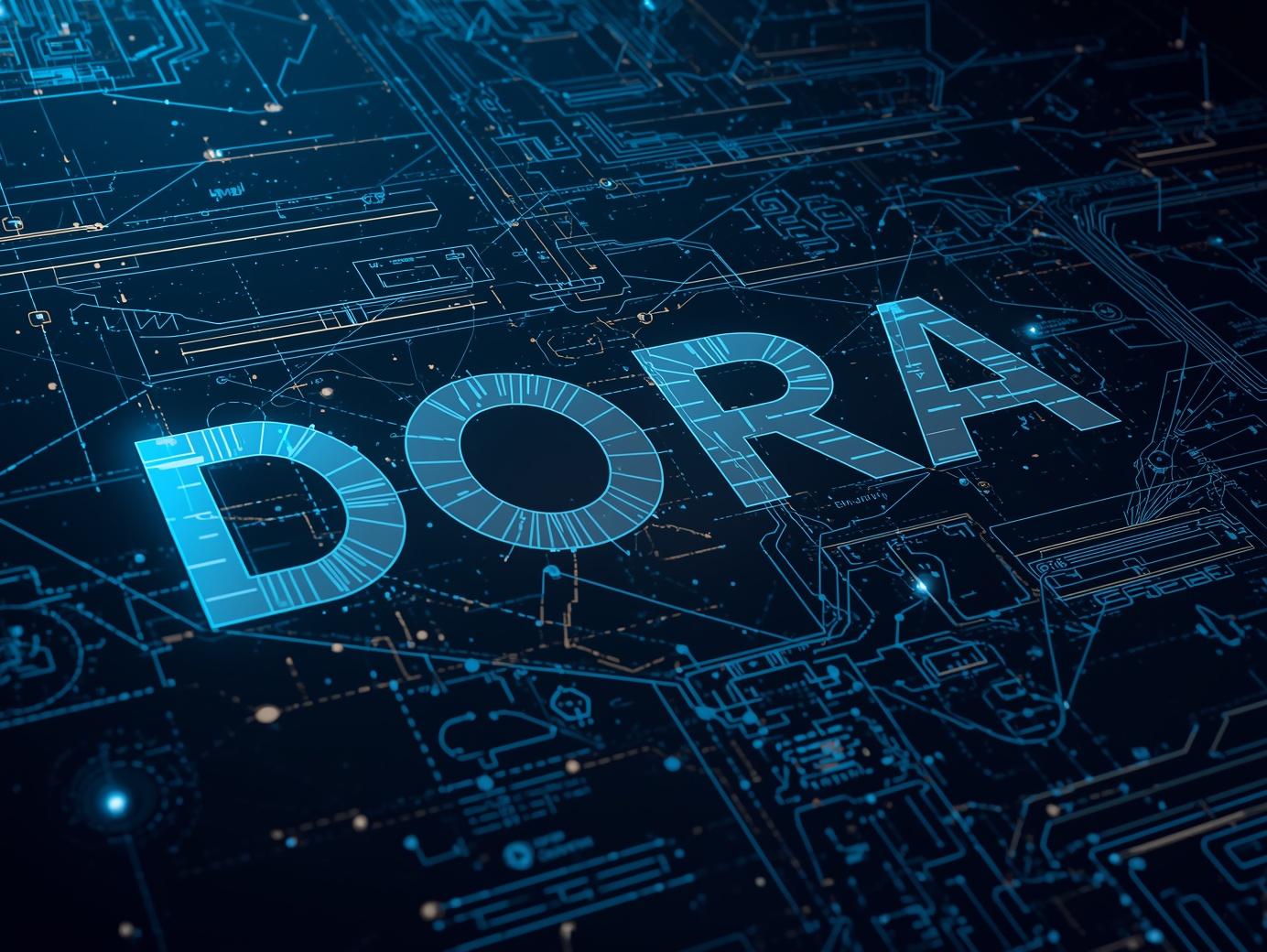 Glowing cyan letters spelling "DORA" overlaid on a dark blue circuit board background, representing the Digital Operational Resilience Act.