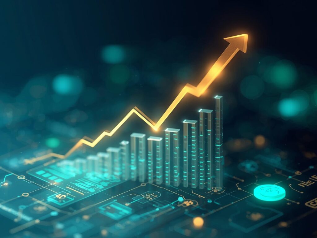 Rising bar chart with upward arrow showing compounding returns from digital investment in long-cycle, asset-intensive businesses