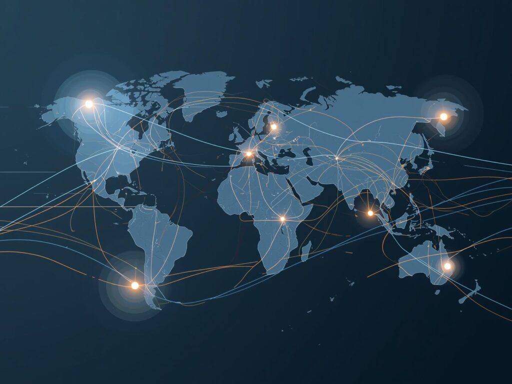 World map with interconnected global supply chain, logistics and commodity trade routes powered by digital platforms