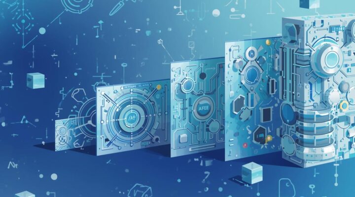 Illustrated stacked AI architecture panels in blue tones, symbolising the incremental build-up of enterprise AI capabilities