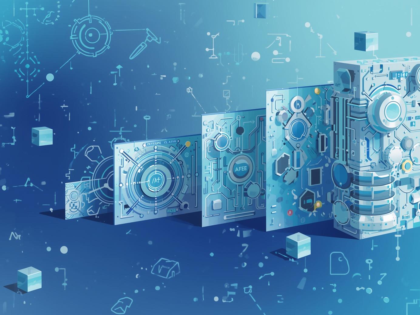 Illustrated stacked AI architecture panels in blue tones, symbolising the incremental build-up of enterprise AI capabilities
