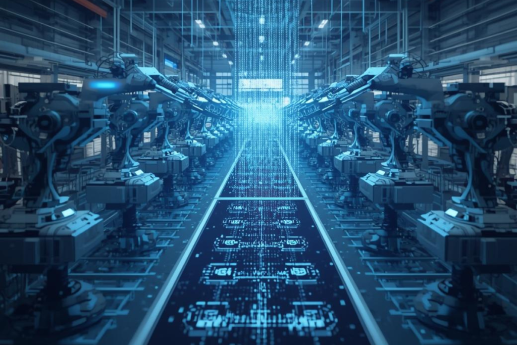 Rows of industrial robots lining a smart factory assembly line with a glowing AI data stream, illustrating synthetic data applications in automated manufacturing
