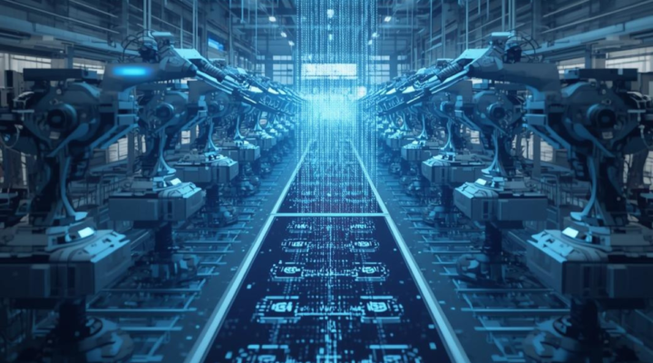 Rows of industrial robots lining a smart factory assembly line with a glowing AI data stream, illustrating synthetic data applications in automated manufacturing