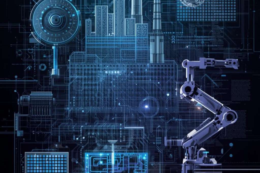 Digital blueprint illustration combining robotic arm, factory towers, and circuit board overlays representing AI integration and synthetic data in industrial digital transformation