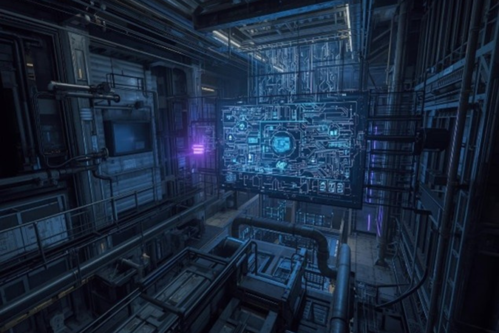 AI-powered digital control panel in an industrial facility, representing synthetic data systems for manufacturing operations