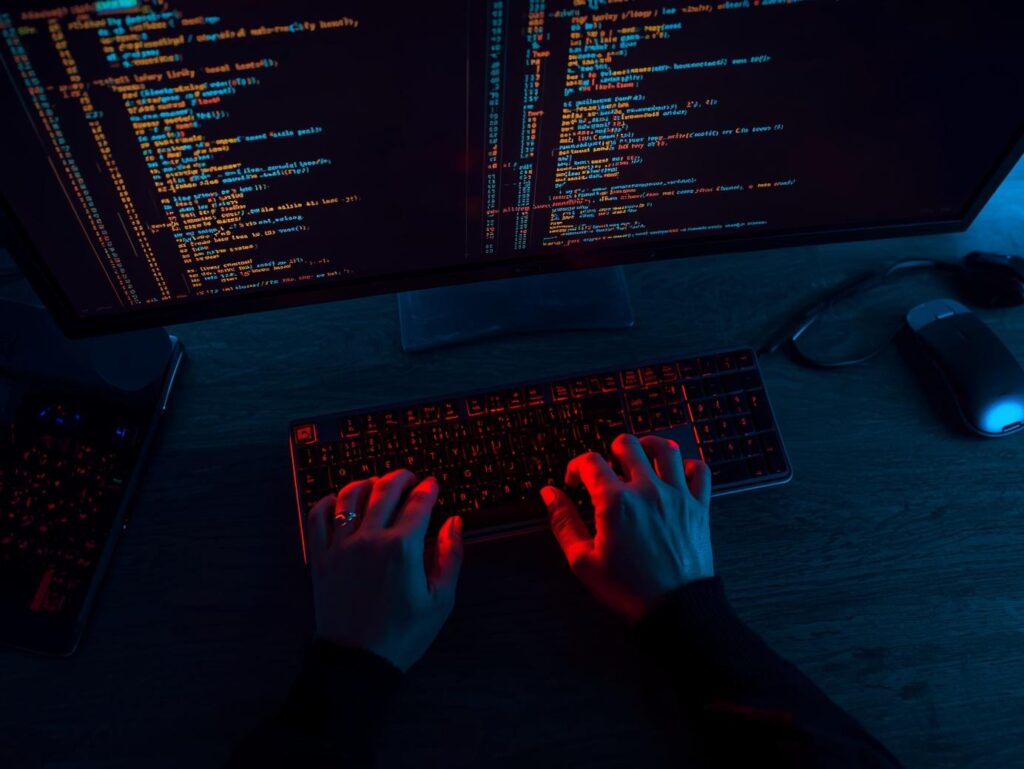Overhead view of hands typing on an illuminated keyboard with code displayed on dual monitors