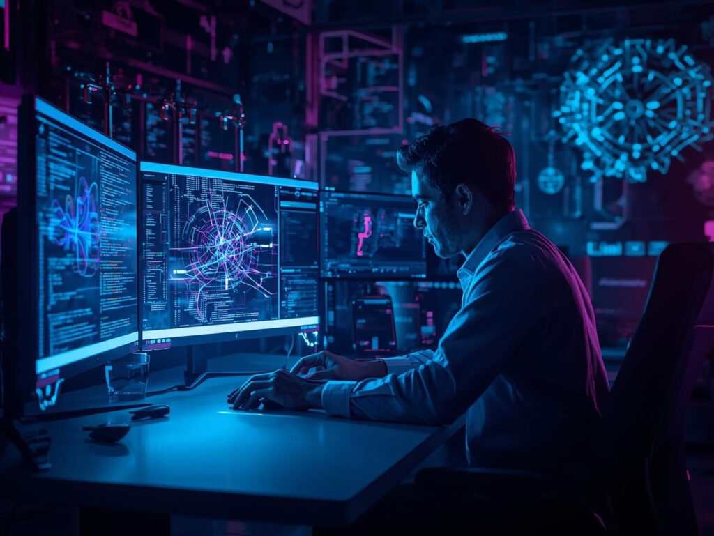 Data analyst in a dark control room reviewing AI model outputs across multiple screens