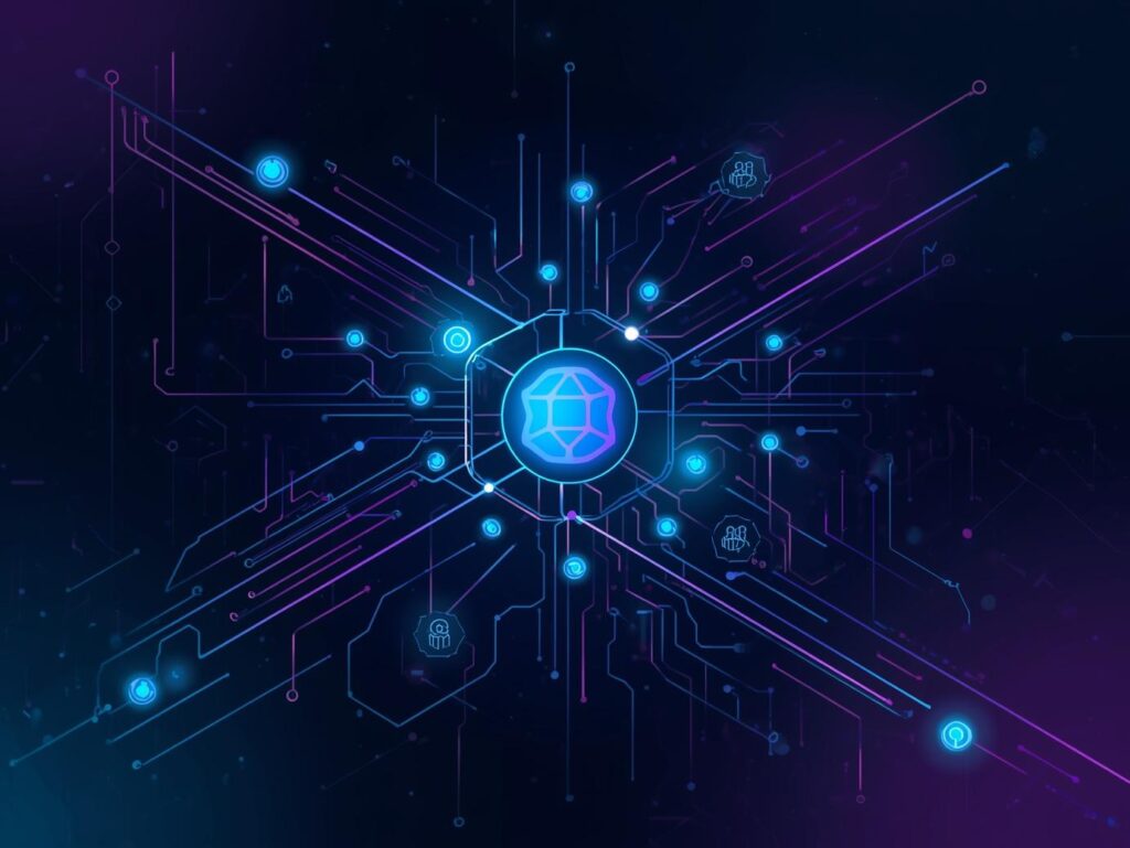 Futuristic circuit board diagram with a central AI node connecting multiple enterprise capability icons