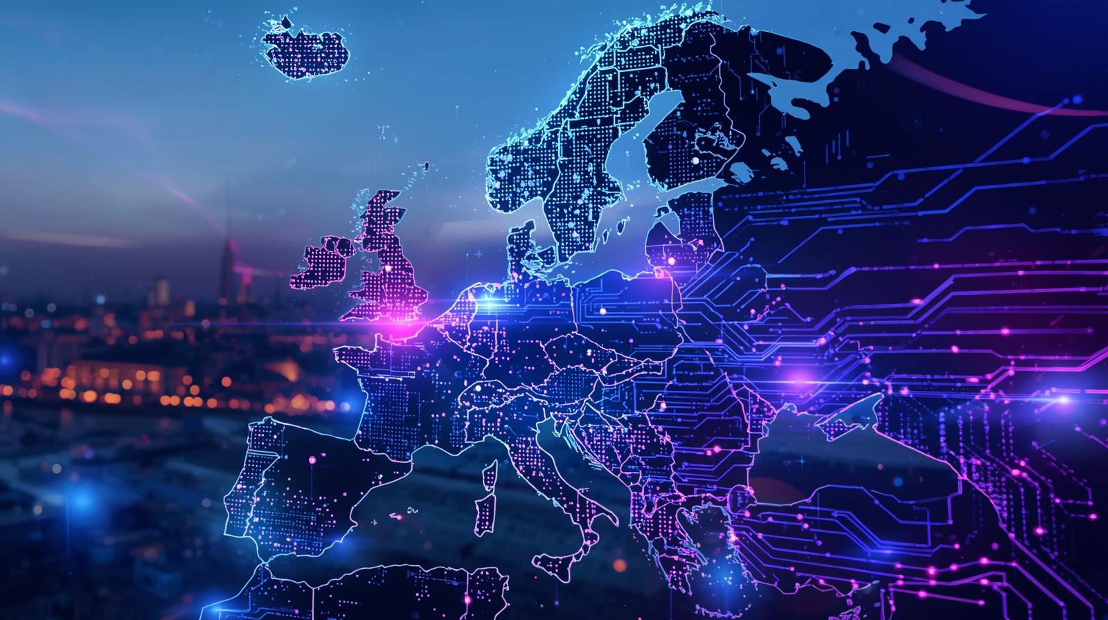 Map of Europe with digital network connections representing AI data infrastructure and technology trends