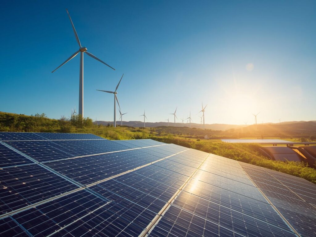 Wind turbines and solar panels generating renewable electricity in Europe linked to green certificates