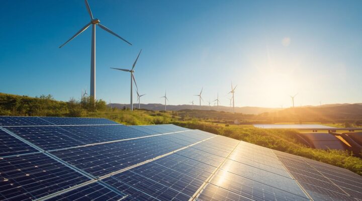 Wind turbines and solar panels generating renewable electricity in Europe linked to green certificates