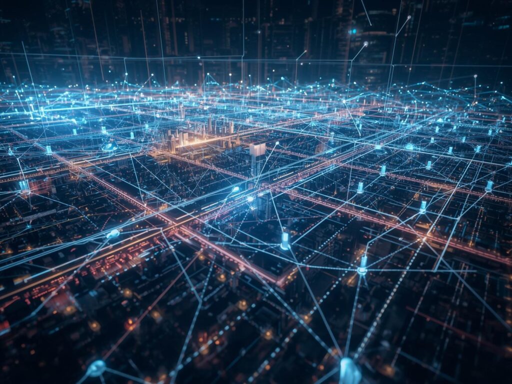 Glowing digital network lines connecting nodes across a nighttime industrial cityscape