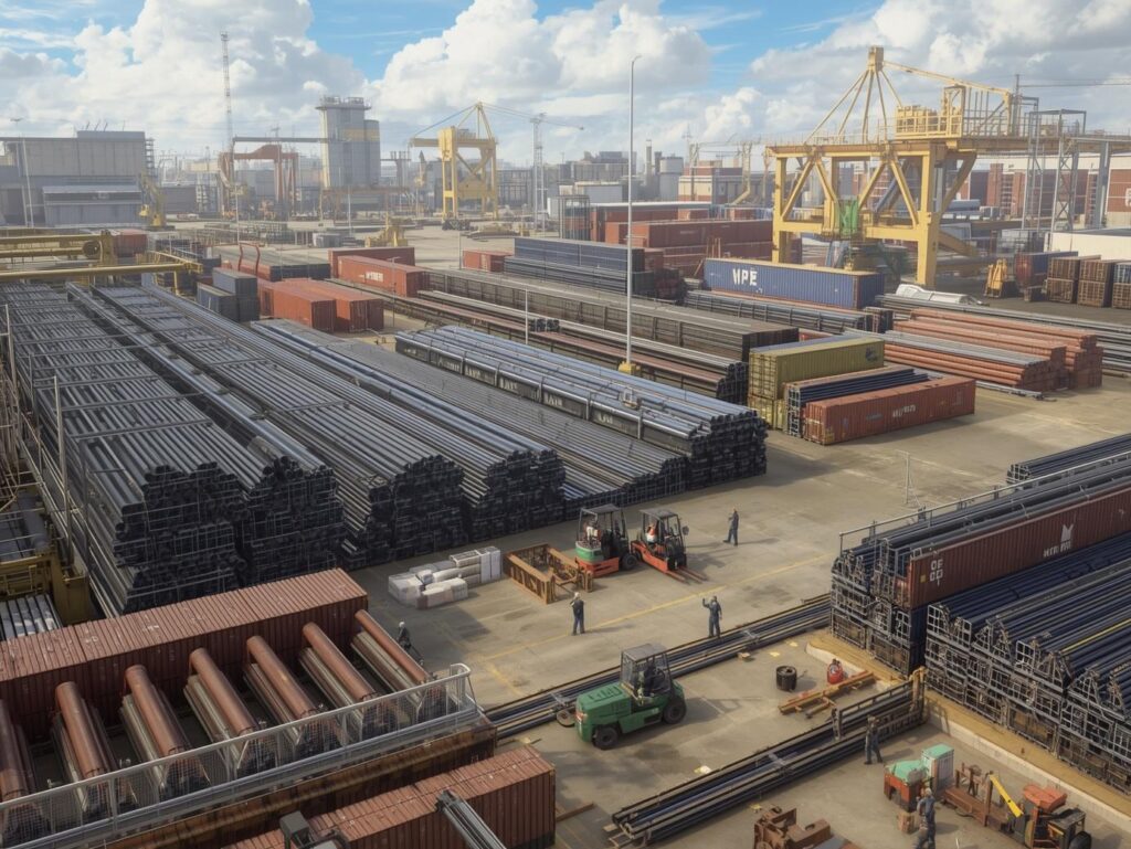 Rows of stacked OCTG steel pipes at a port storage yard with overhead cranes