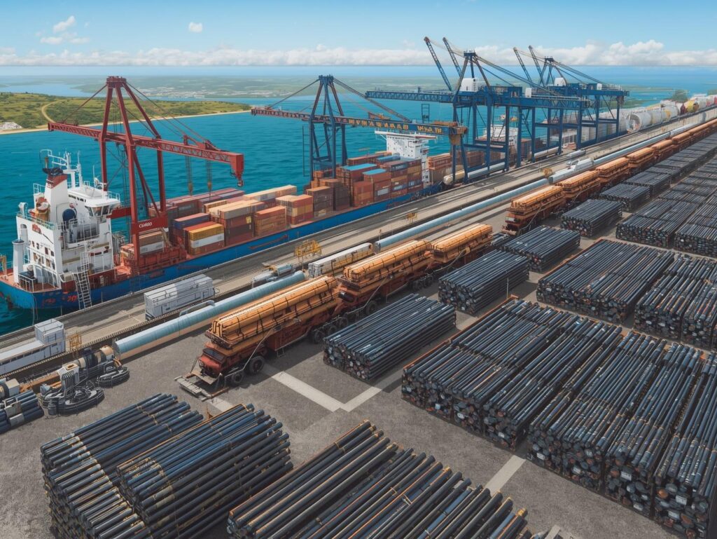 Cargo vessel docked at port beside stacked OCTG pipes and loading cranes