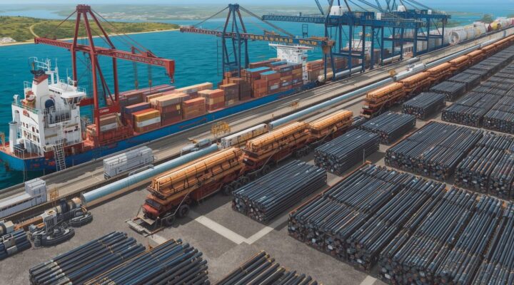 Cargo vessel docked at port beside stacked OCTG pipes and loading cranes