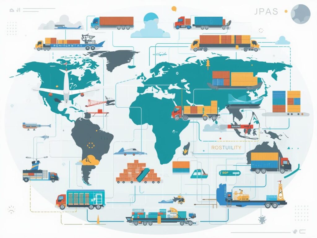 Illustrated world map showing trucks, ships, and planes connected across a global logistics network