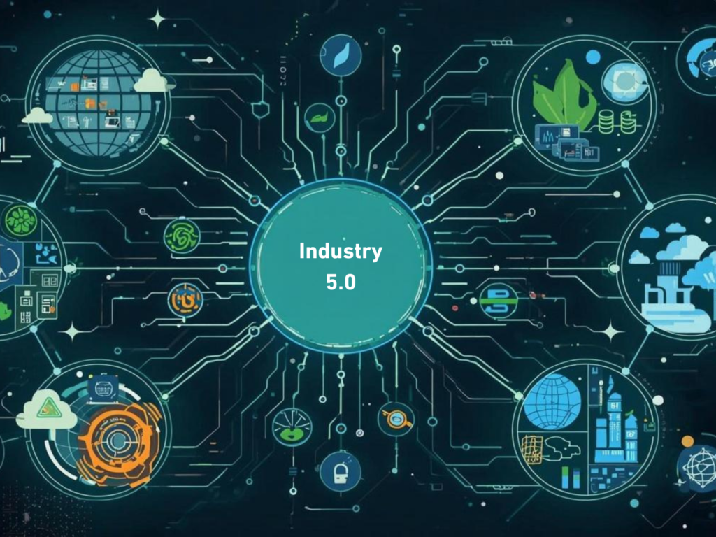 Circular network diagram with Industry 5.0 at the center, linked to icons representing sustainability, resilience, digital technology, and human-centric manufacturing