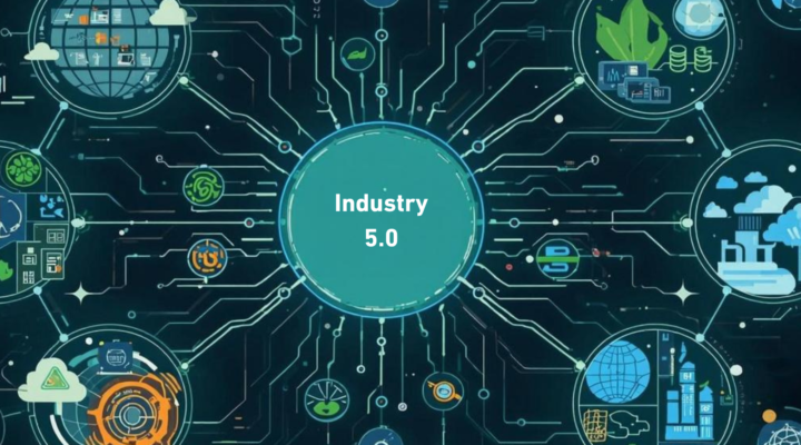 Circular network diagram with Industry 5.0 at the center, linked to icons representing sustainability, resilience, digital technology, and human-centric manufacturing