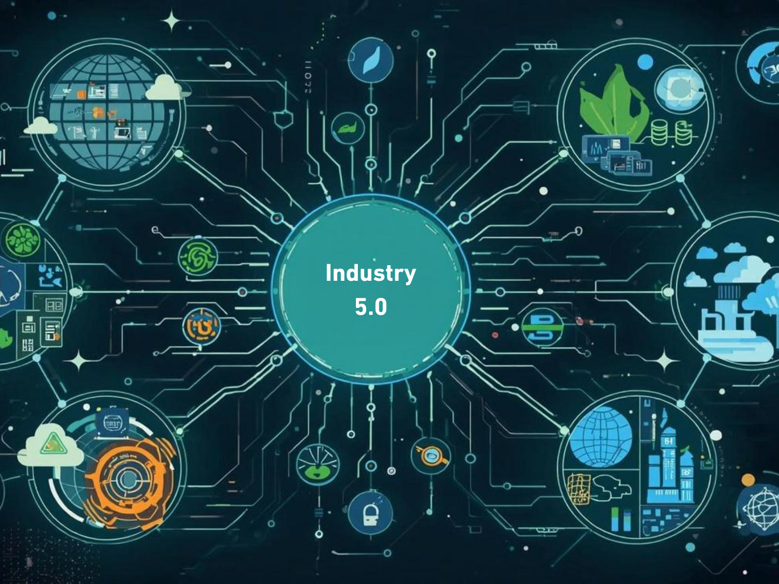 Circular network diagram with Industry 5.0 at the center, linked to icons representing sustainability, resilience, digital technology, and human-centric manufacturing