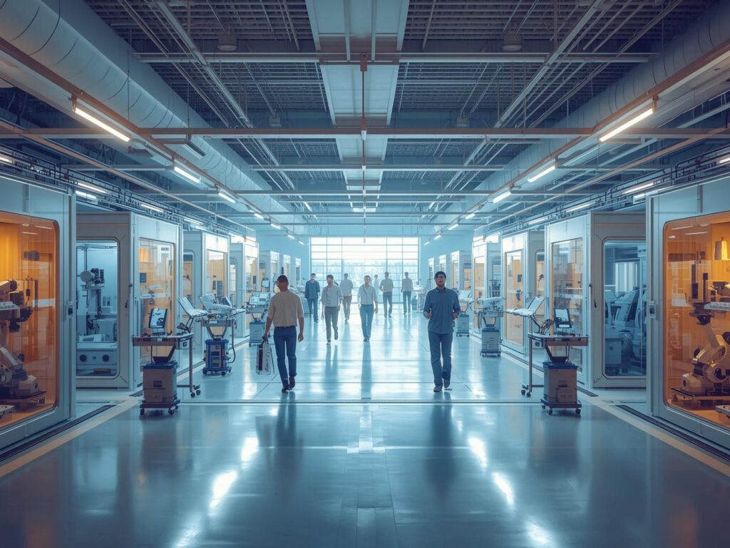Workers walking through a high-tech factory aisle lined with glass-enclosed robotic workstations