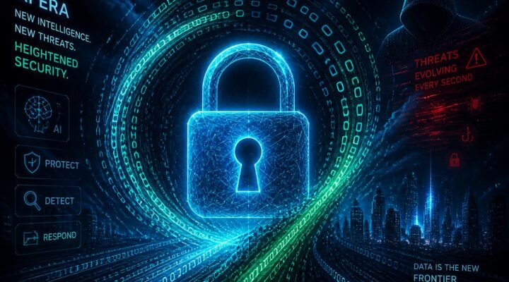 Digital padlock surrounded by data streams representing AI-powered cybersecurity, cyber threats, and digital resilience in Europe.
