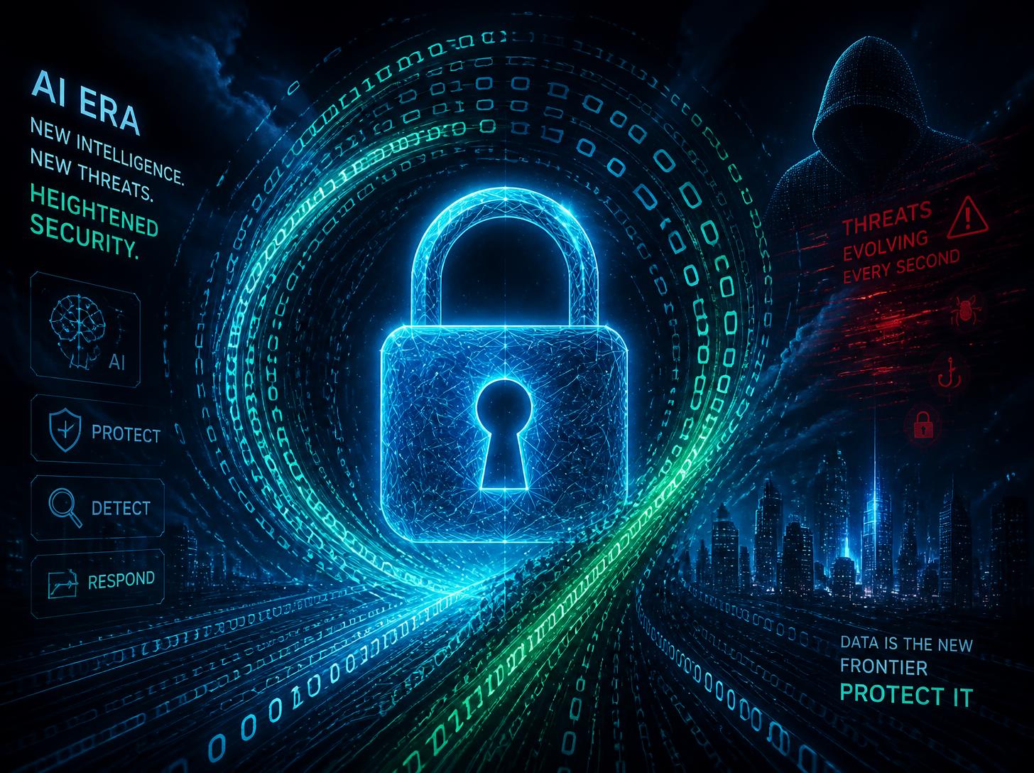 Digital padlock surrounded by data streams representing AI-powered cybersecurity, cyber threats, and digital resilience in Europe.